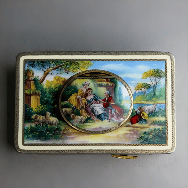 Vintage Gilt Metal and Full Pictorial Enamel Singing Bird Box