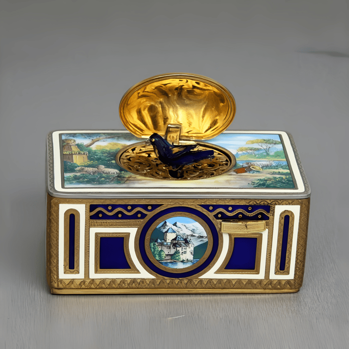 Vintage Gilt Metal and Full Pictorial Enamel Singing Bird Box