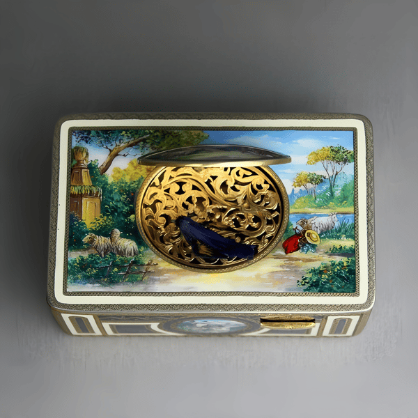 Vintage Gilt Metal and Full Pictorial Enamel Singing Bird Box