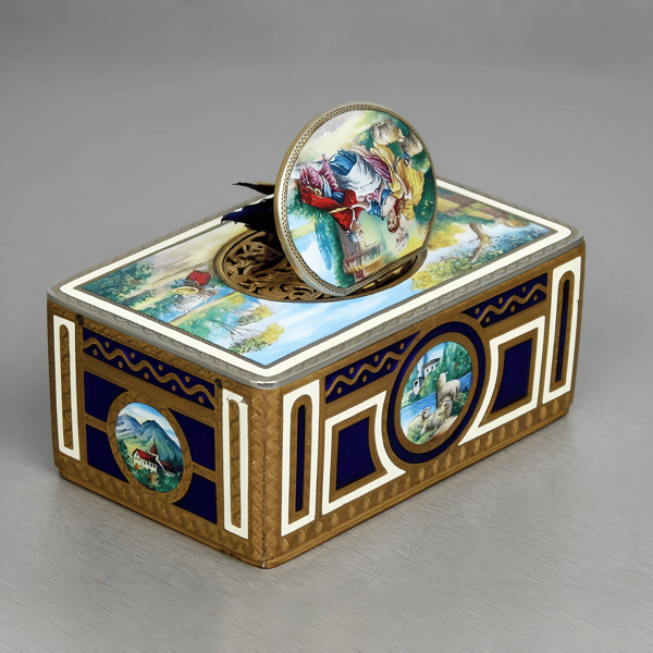 Vintage Gilt Metal and Full Pictorial Enamel Singing Bird Box