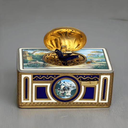 Vintage Gilt Metal and Full Pictorial Enamel Singing Bird Box